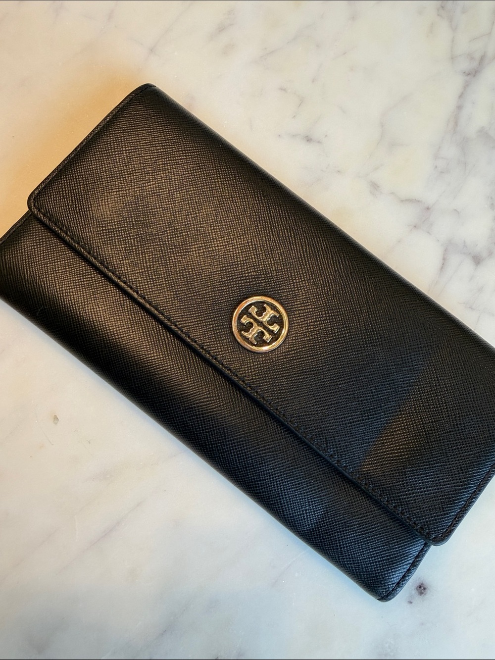 Tory Burch Black Leather Continental Wallet with Gold Logo
